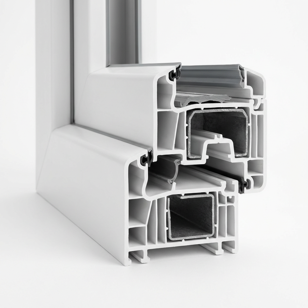 Cross-section of white uPVC window profile showing internal chambers and steel reinforcements.