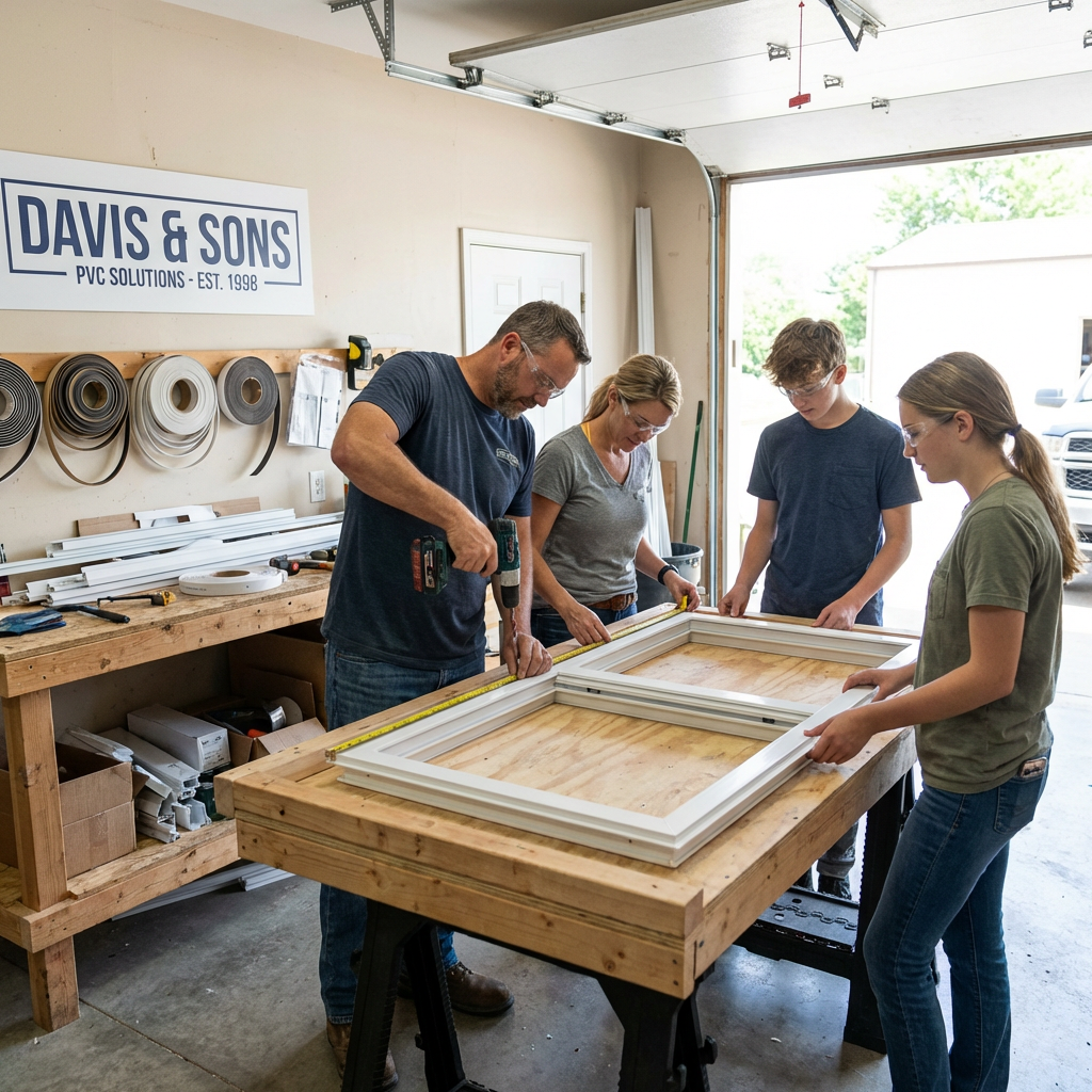 Family assembling a PVC window frame in a workshop under a Davis & Sons PVC Solutions sign.