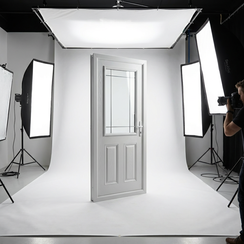 A white door positioned in a photography studio with professional lighting and a seamless white backdrop.