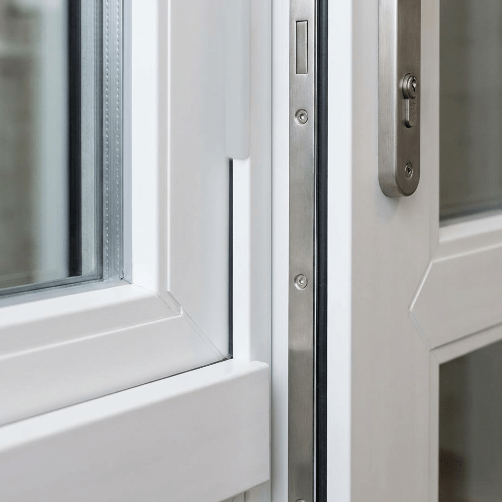 Close-up of a stainless steel multi-point lock and handle on a white door.